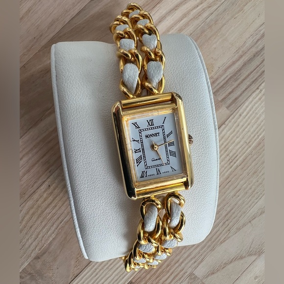 Sonnet Ladies Watch Gold Tone and White Leather Weave Bracelet White Dial - Picture 3 of 9